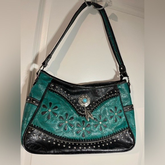 texas west Handbags - Tooled Leather Laser Cut Purse Feather Country Western Handbag Shoulder Bag